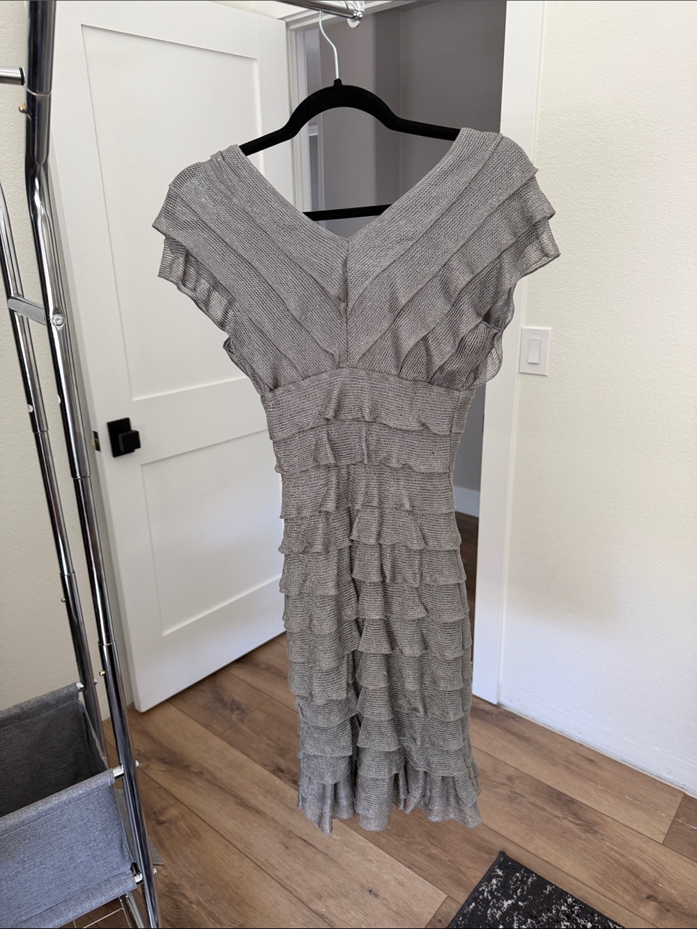 Max Studio Gray Ruffle Tiered V-Neck Midi Dress